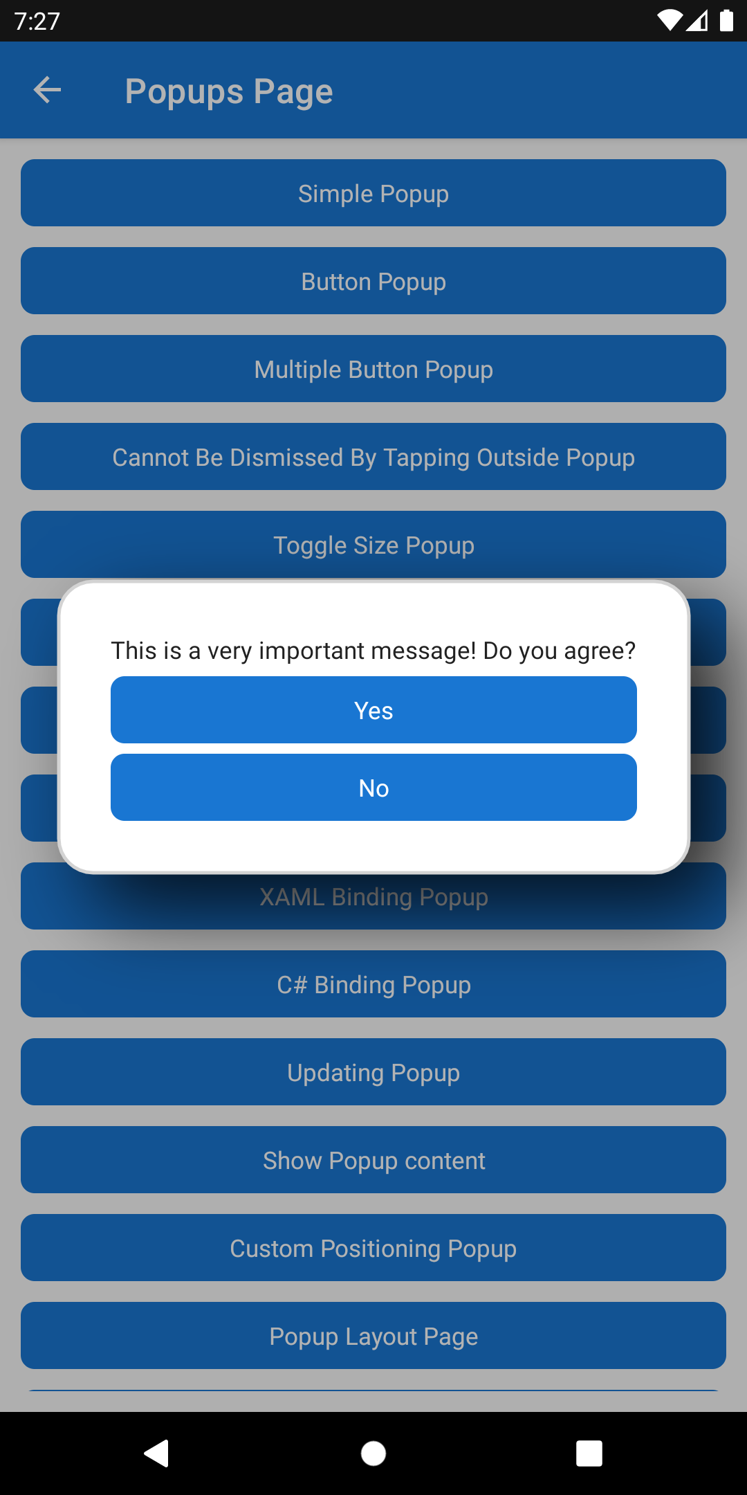 Popup rendering with two buttons that allow for a result to be returned Popup with result